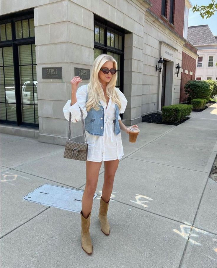 White Shirt Dress with Denim Vest